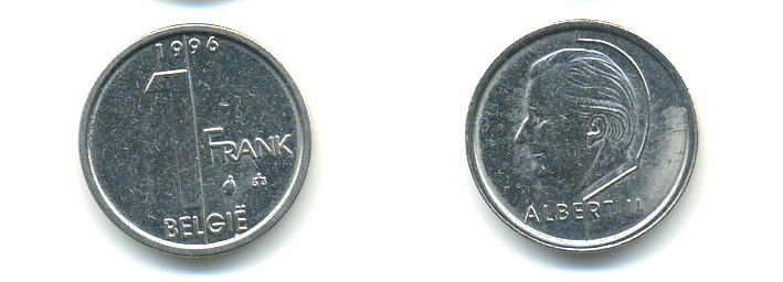 БЕЛЬГИЯ 1 ФРАНК 1996 BELGIE KM 188 железо плакированное никелем 86-1343