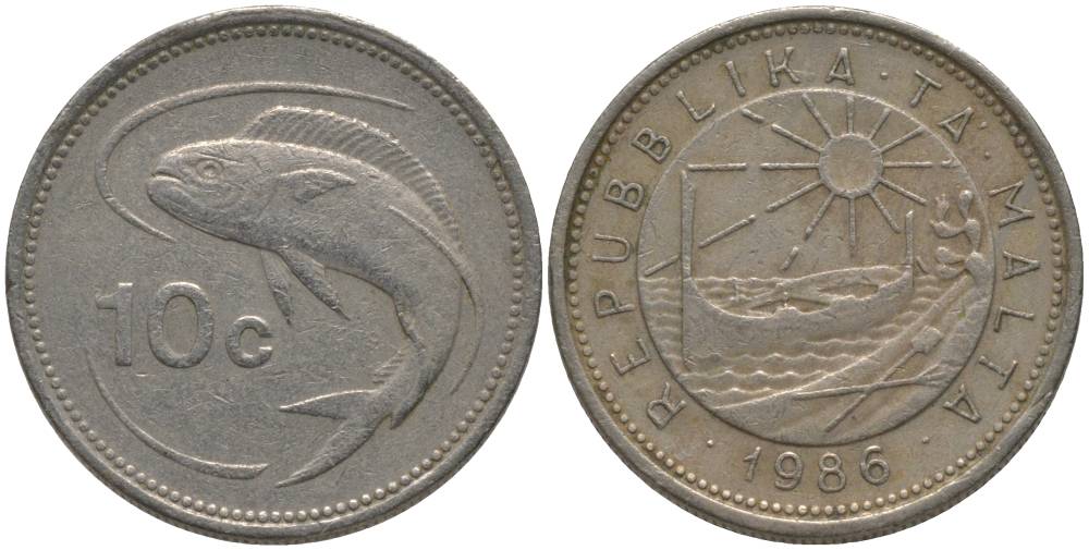 Мальта 10 центов 1986 золотая макрель KM 76 медно-никель 181-211