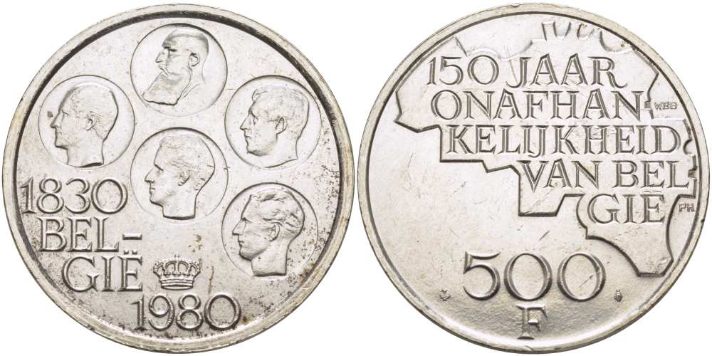 Бельгия 500 франков 1980 150 лет независимости, Belgie, Бодуэн I (1951-1993) KM 162 медно-никель покрытый серебром 1519-124
