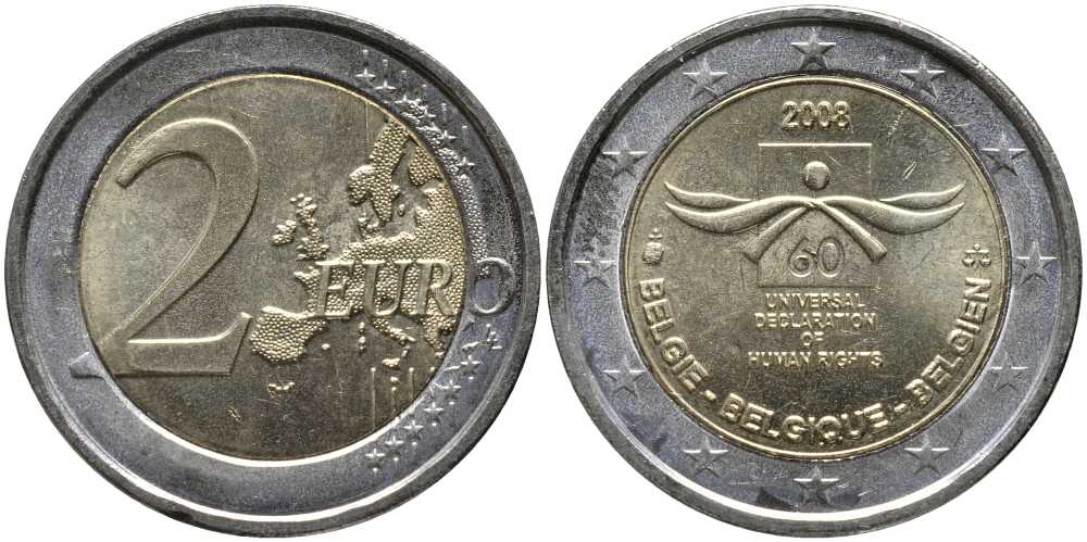 Бельгия 2 евро 2008 60 лет принятие декларации прав человека KM 248 биметалл UNC 117-622