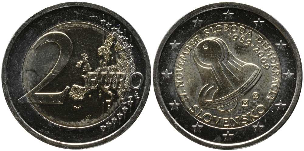 Словакия 2 евро 2009 20 лет Бархатной Революции, колокол KM 107 биметалл UNC 115-1211
