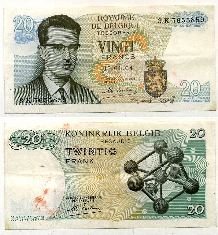 Бельгия 20 франков 1964 Бодуэн I, атомиум, Esselens Pick 138 (2) бумага 7457-40-3-2