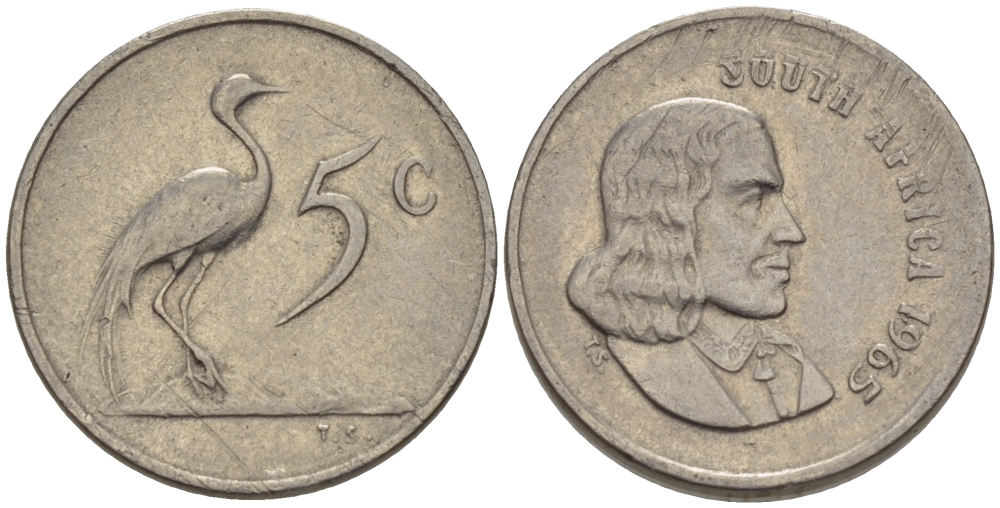 ЮАР 5 ЦЕНТОВ 1965 SOUTH, ЯН ВАН РИБЕК (1619-1677), ГОЛАНДСКИЙ ИССЛЕДОВАТЕЛЬ , МОРЕПЛАВАТЕЛЬ, ОСНОВАТЕЛЬ Г. КЕЙПТАУНА, РАЙСКИЙ ЖУРАВЛЬ, АНГЛИЙСКАЯ ЛЕГЕНДА KM 67.1 никель 66-267