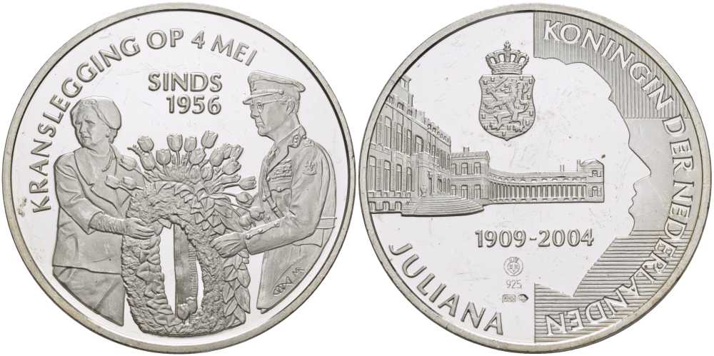 НИДЕРЛАНДЫ МЕДАЛЬ ND СЕРИЯ ЮЛИАНА КОРОЛЕВА НИДЕРЛАНДОВ (1909-2004), ВОЗЛОЖЕНИЕ ВЕНКОВ 4 МАЯ 1956, ДИАМЕТР 38 ММ., ВЕС 25 ГР. серебро PROOF 1076-8-53
