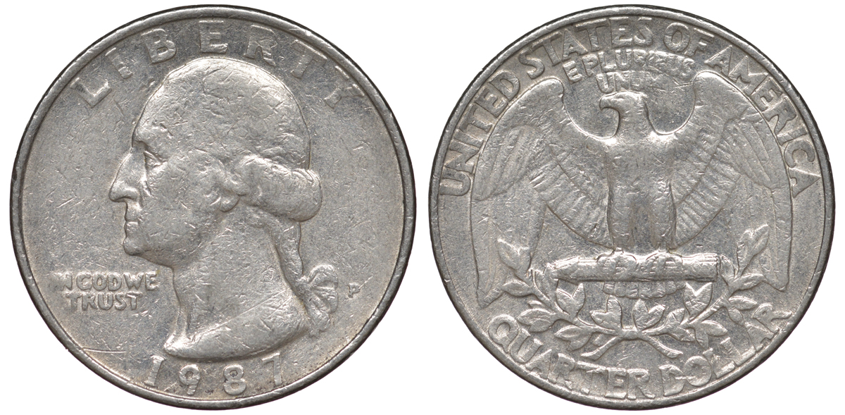 США 25 центов = квотер 1987 P, Вашингтон KM A164a медь плакированная медно-никелем 4543-536