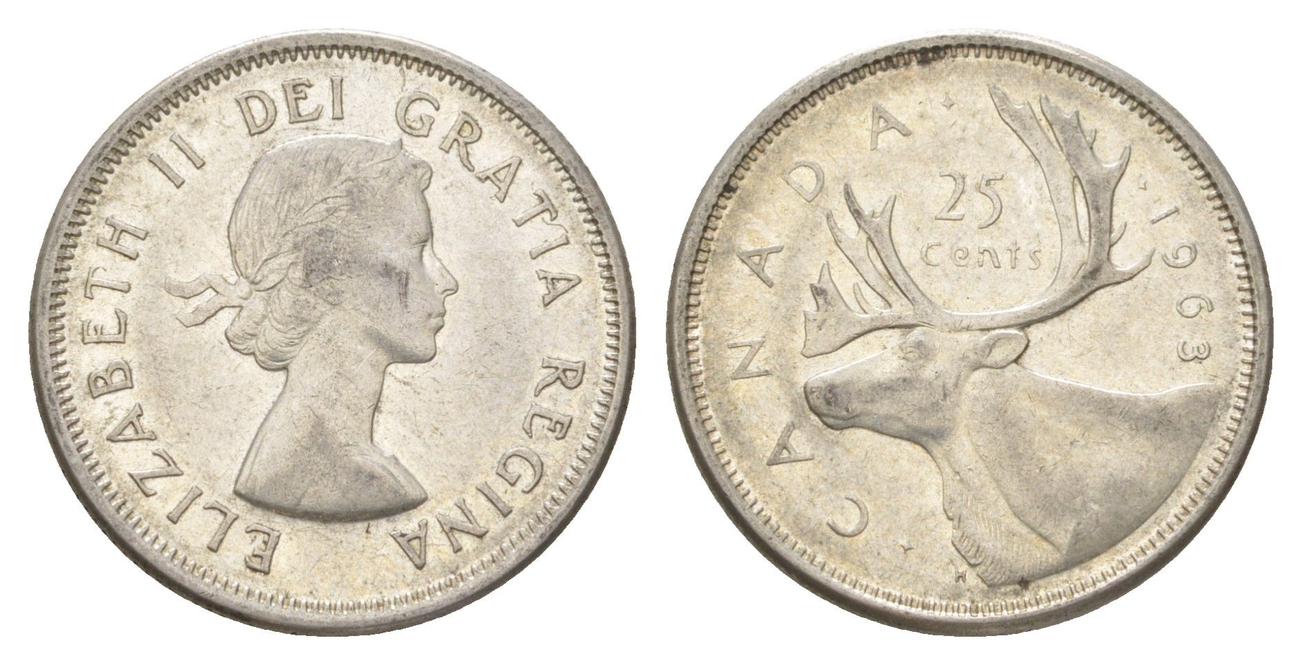 Канада 25 центов 1963 Елизавета II (1952-2022), олень KM 52 серебро 4622-842