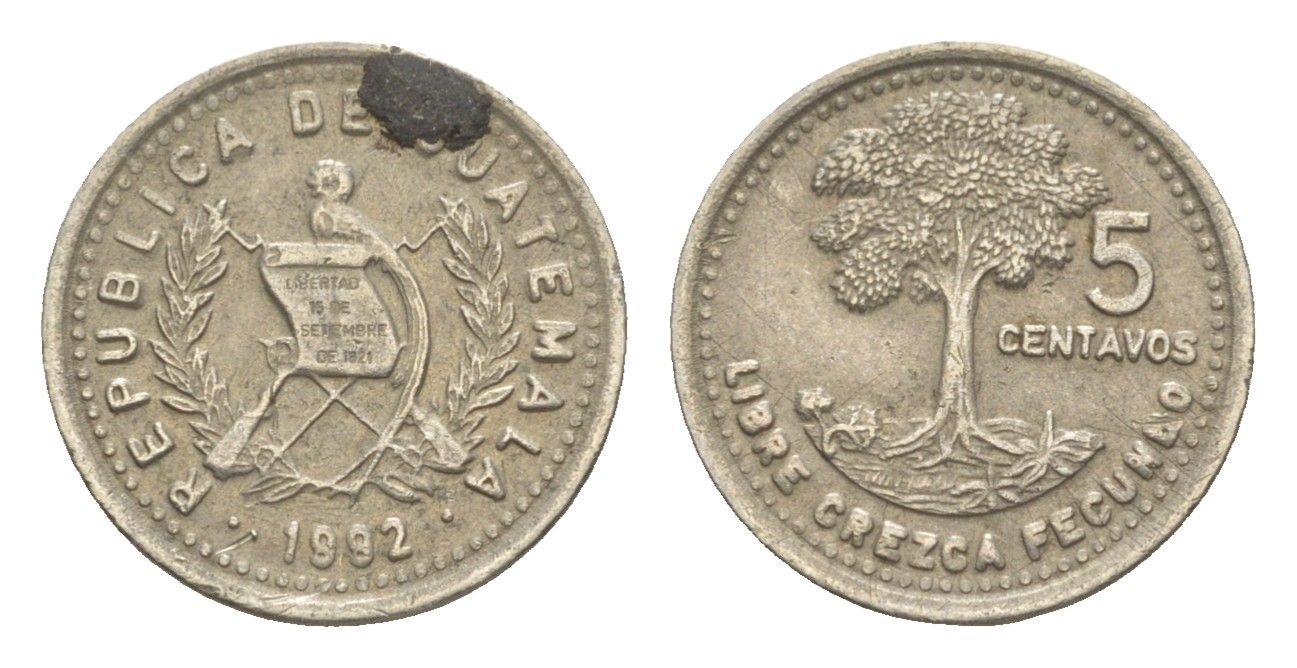 Гватемала 5 сентаво 1992 KM 276 медно-никель 4649-554