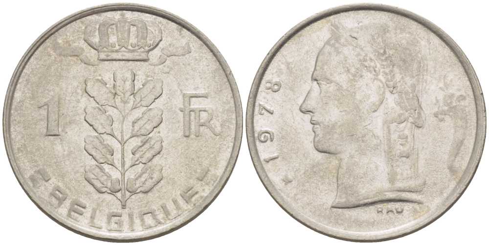 БЕЛЬГИЯ 1 ФРАНК 1978 BELGIQUE, БОДУЭН I (1951-1993) KM 142.1 медно-никель 213-541