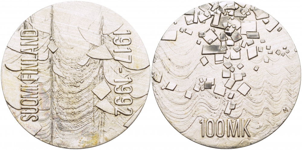 Финляндия 100 марок 1992 75 лет независимости KM 71 серебро UNC 1515-1135