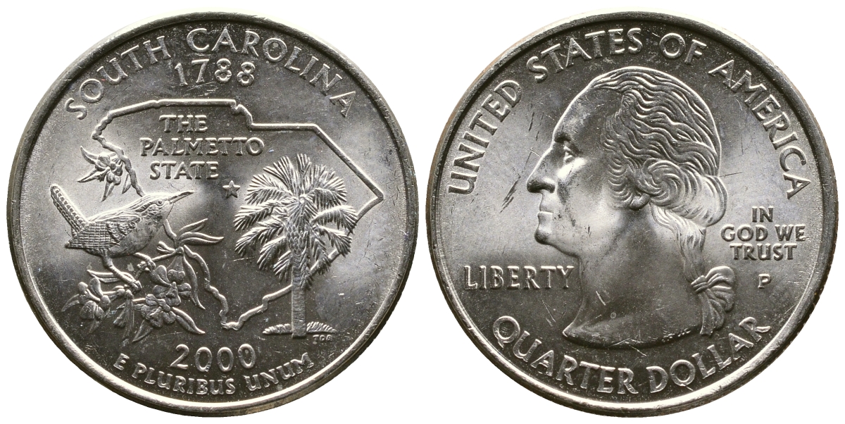 США 25 центов = квотер 2000 P, серия штаты США, Южная Каролина KM 307 медь плакированная медно-никелем 56-326