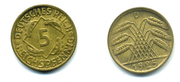 ГЕРМАНИЯ 5 РЕЙХСПФЕННИГОВ 1925 D, KM 39, J. 316 алюминиевая бронза 46-2243