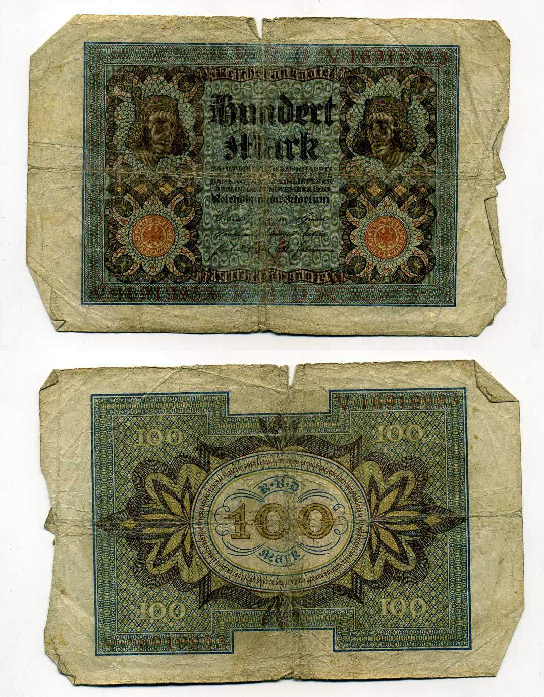 Германия 100 марок 1920 Бамбергский всадник, 8 цифр в номере Pick 69 b, Розенберг 69b бумага 8619-35-1-2