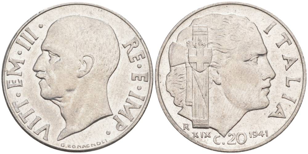 ИТАЛИЯ 20 ЧЕНТЕЗИМО 1941 R, ГОД XIX, ВИКТОР ЭММАНУИЛ III (1900-1946) KM 75b, VEM3. 1028 нержавеющая сталь 3853-1046