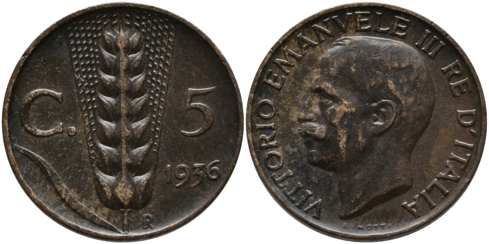 ИТАЛИЯ 5 ЧЕНТЕЗИМО 1936 R, ВИКТОР ИМАНУИЛ KM 59 медь 75-437