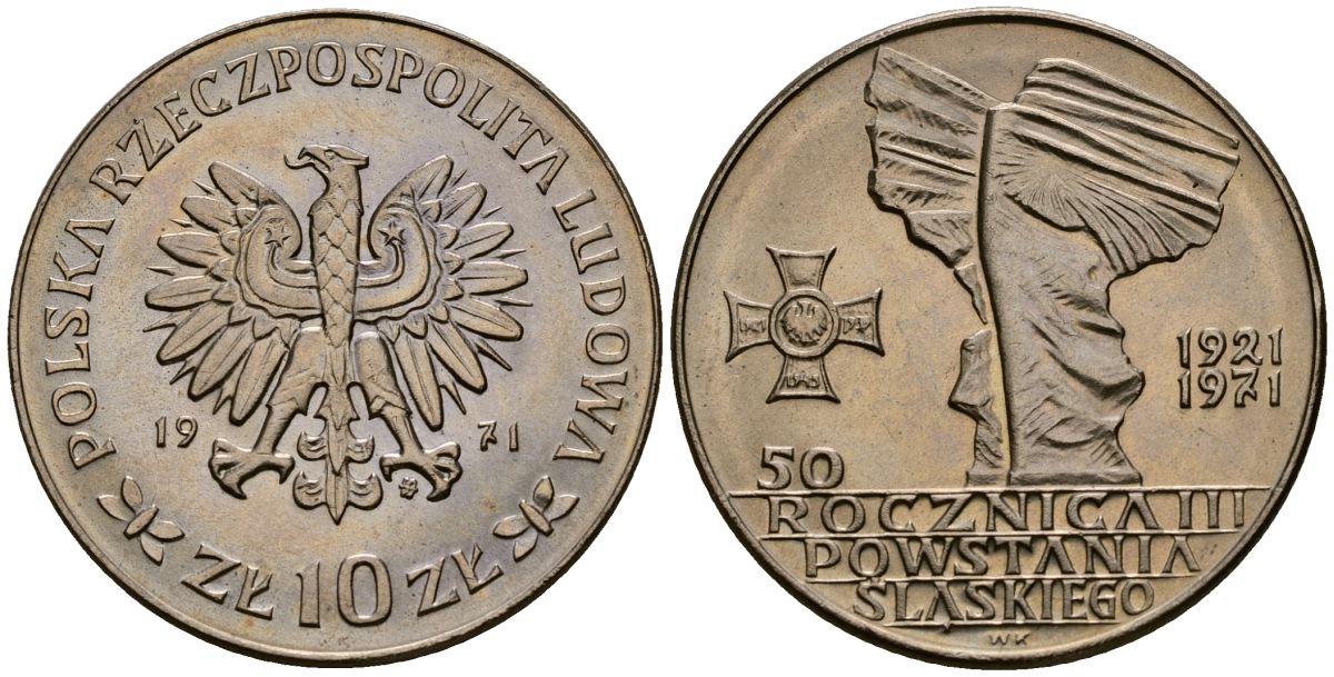 Польша 10 злотых 1971 MW, 50 лет битве за Верхнюю Силезию KM 64 медно-никель 4168-813