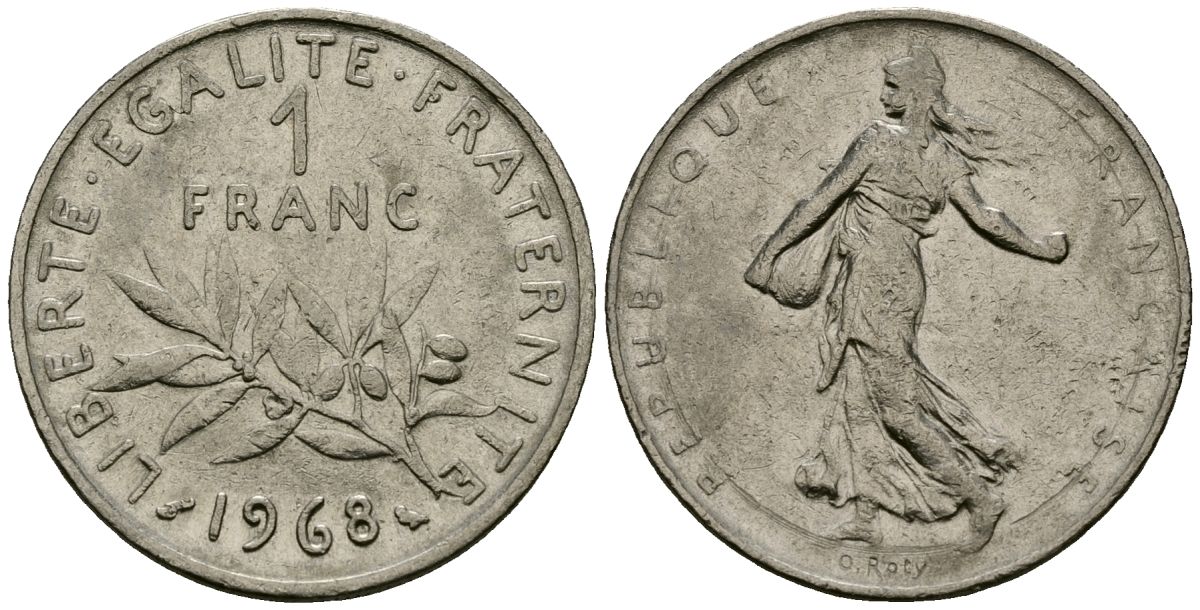 Франция 1 франк 1968 сеятель KM 925.1, Le Franc 226.4 никель 4138-255