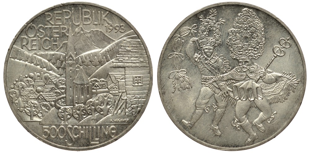 Австрия 500 шиллингов 1993 регион Альпы KM 3014 серебро UNC 413-4524