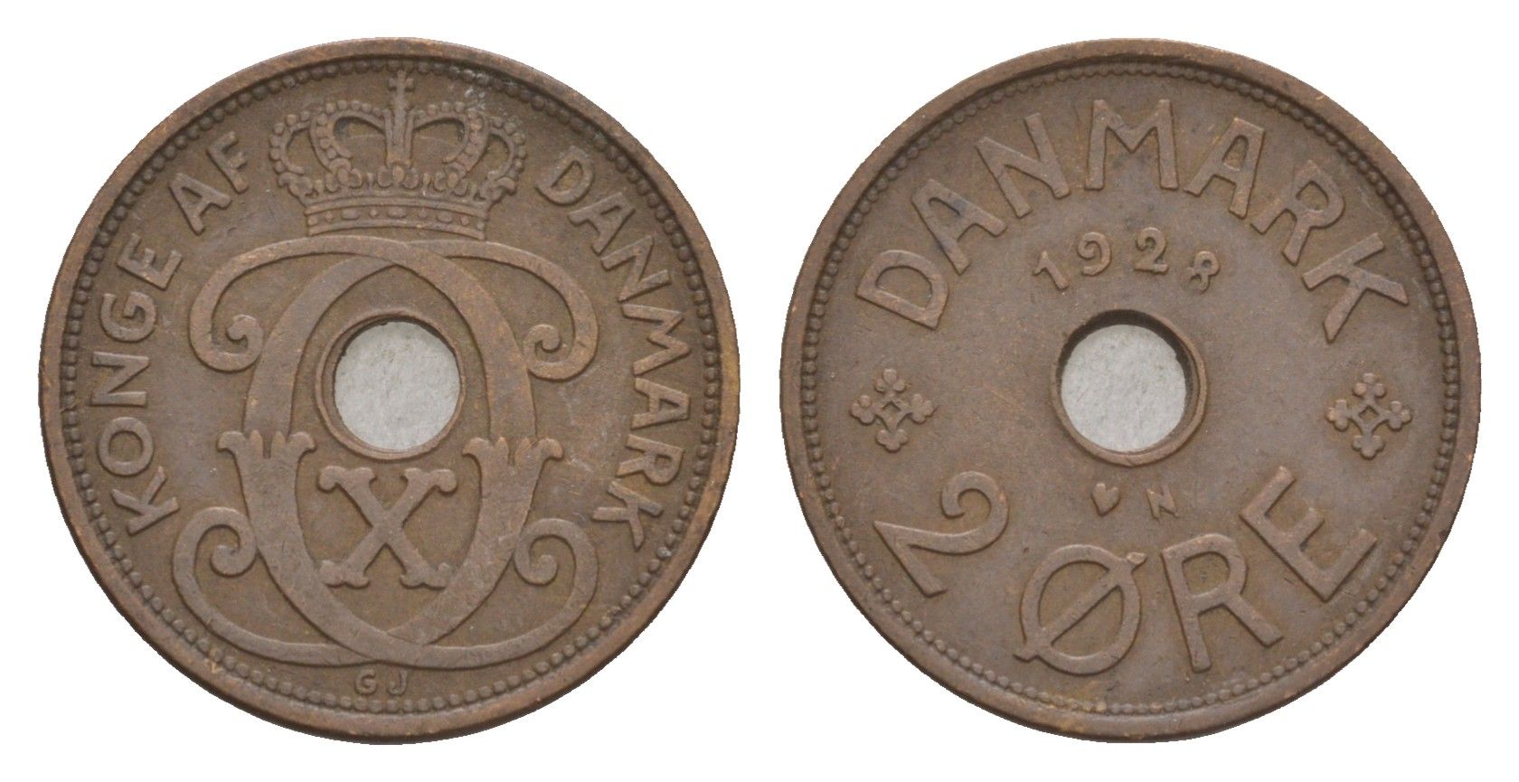 Дания 2 эре 1928 N, Кристиан X (1912-1947) KM 827 бронза 4658-213