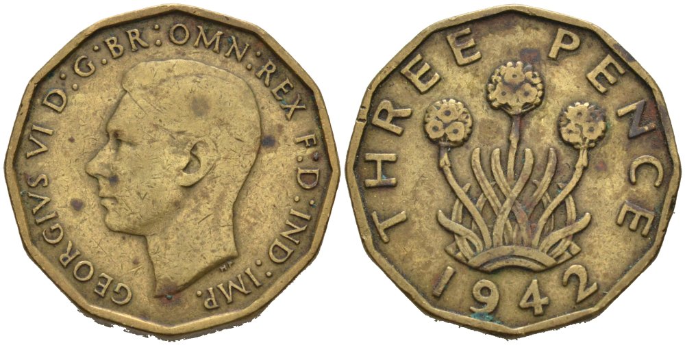 Великобритания 3 пенса 1942 Георг VI (1936-1952) KM 849, Spink 4112 никель латунь 4513-257