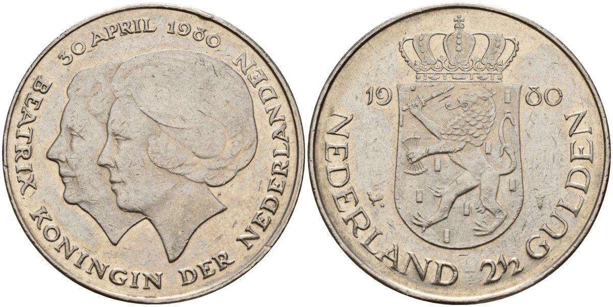 Нидерланды 2 1/2 гульдена 1980 коронация Беатрикс, 30 апреля 1980 KM 201 никель 4168-513