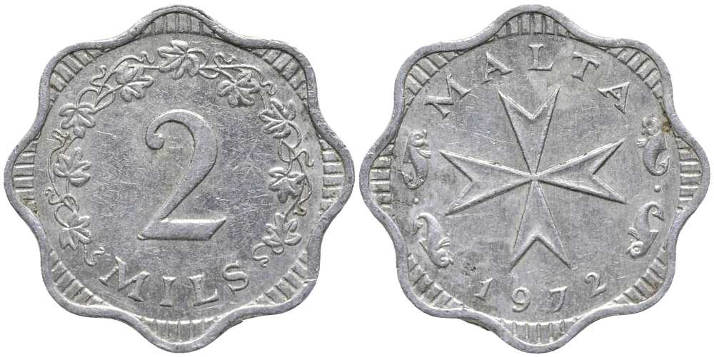 МАЛЬТА 2 МИЛСА 1972 МАЛЬТИЙСКИЙ КРЕСТ KM 5 алюминий 112-764