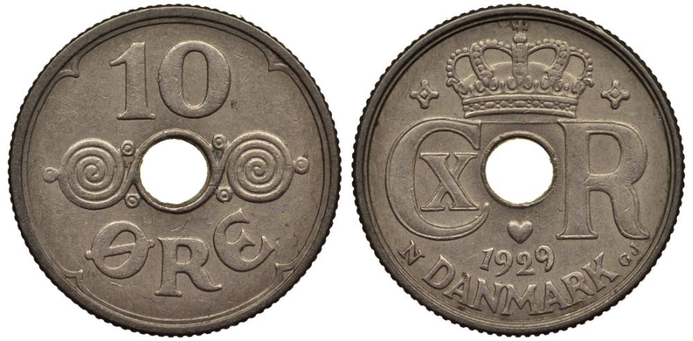 ДАНИЯ 10 ЭРЕ 1929 N; GJ, КРИСТИАН X (1912-1947) KM 822.2 медно-никель 4549-863