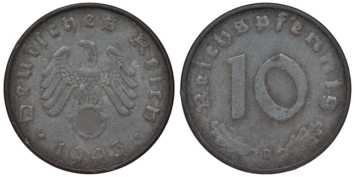 Германия 10 рейхспфеннигов 1943 D KM 101, J. 371 цинк 4121-1043
