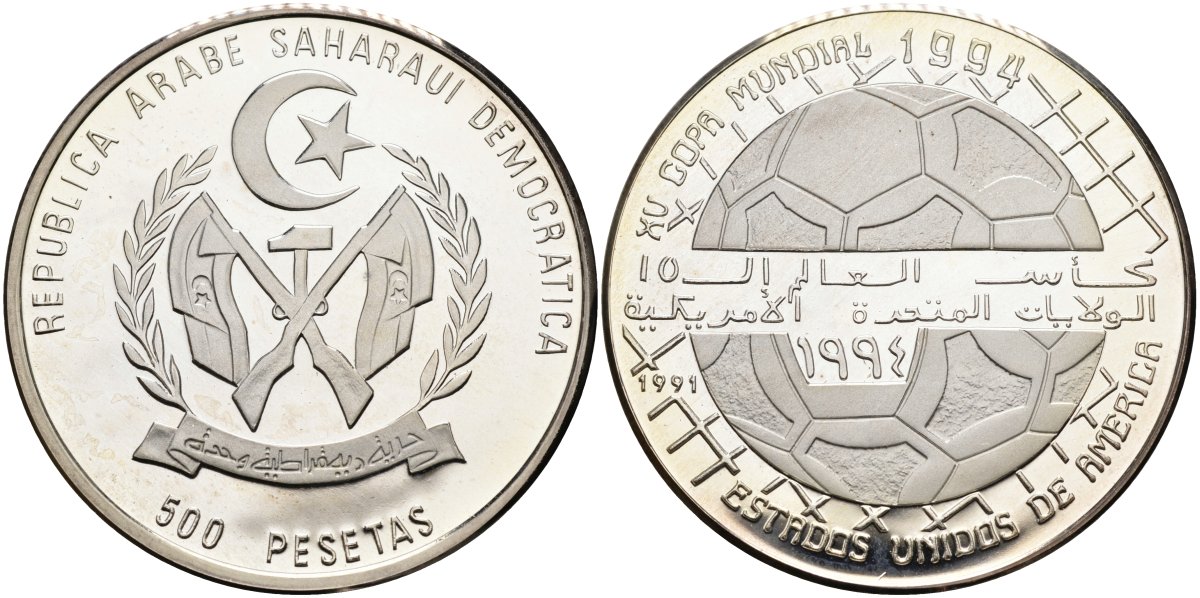 Западная Сахара 500 песет 1991 чемпионат мира по футболу 1994 года в США, тираж 15000 экз. KM 8 серебро PROOF 04-317-45
