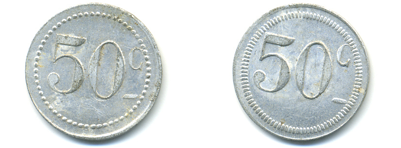 ФРАНЦИЯ 50 САНТИМОВ НАЧАЛО XX ВЕКА d 24 мм, вес около 1,0 гр., платежный жетон., платежный жетон алюминий 89-1051