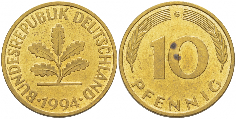 ФРГ 10 ПФЕННИГОВ 1994 G KM 108, J.383 сталь плакированная латунью 3718-911