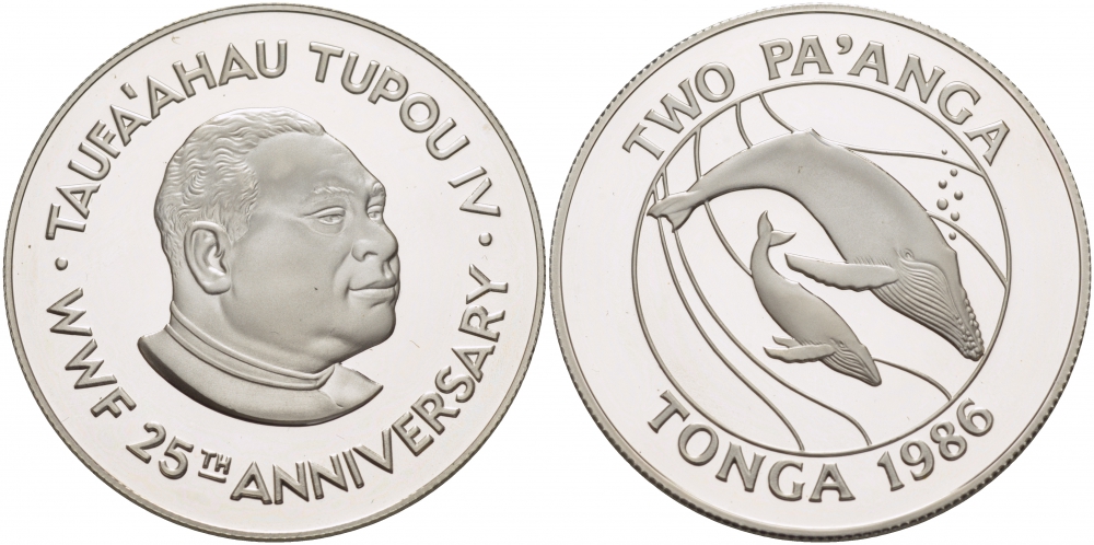 Тонга 2 паанга 1986 серия 25 лет защиты окружающей среды, кит кашалот KM 121 серебро PROOF 04-011-22
