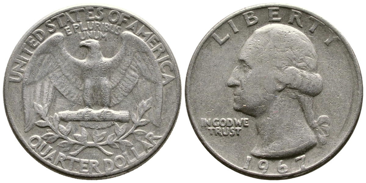 США 25 центов (квотер) 1967 Вашингтон KM 164а медь плакированная медно-никелем 57-416