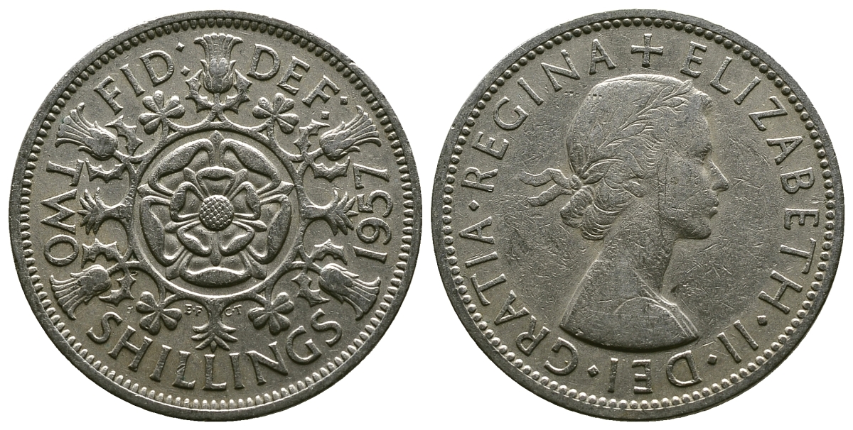 Великобритания 2 шиллинга (флорин) 1957 Елизавета II (1952-2022) KM 906, Spink 4146 медно-никель 4382-126