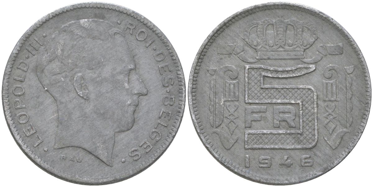Бельгия 5 франков 1946 BELGES KM 129 цинк 4142-1027