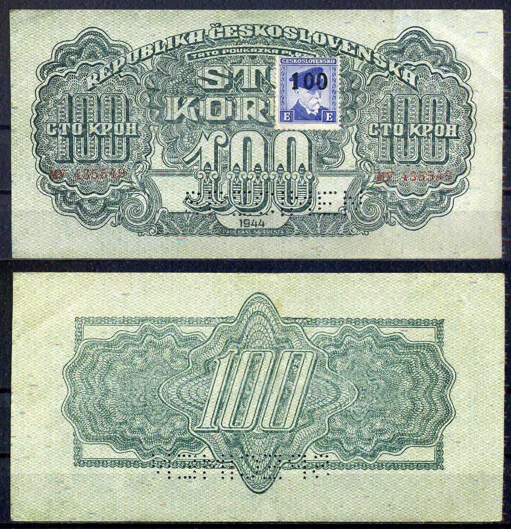 Чехословакия 100 крон 1944 (1945) Образец, SPECIMEN, с маркой. Pick 53 бумага 2119-17-2-2