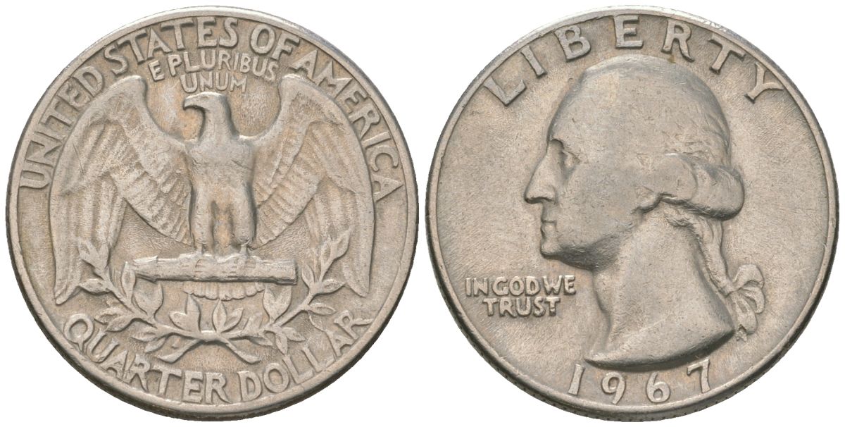 США 25 центов (квотер) 1967 Вашингтон KM 164a медь плакированная медно-никелем 4601-1144