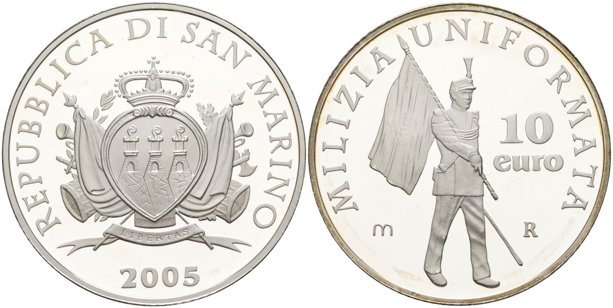 Сан-Марино 10 евро 2005 милиция, карабинеры, в оригинальной коробке, с сертификатом KM 344 серебро PROOF 7-1-60