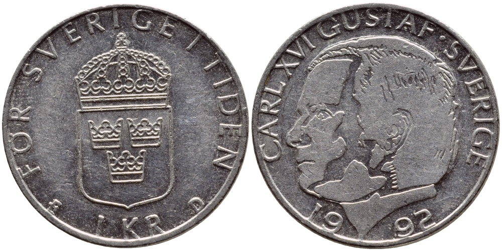 Швеция 1 крона 1992 Карл XVI Густав (1973- ) KM 852a медно-никель 4384-1255