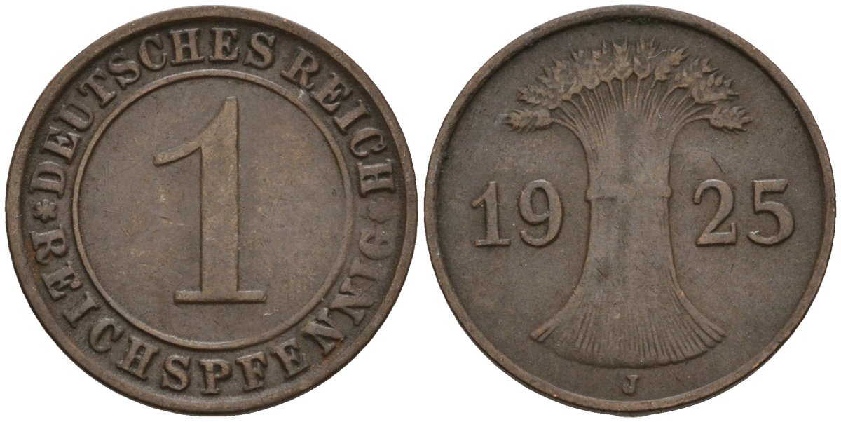 Германия 1 рейхспфенниг 1925 J KM 37, J. 313 бронза 4516-562