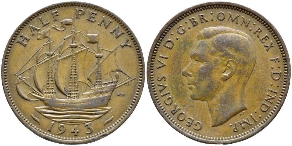 Великобритания 1/2 пенни 1943 Георг VI (1936-1952) KM 844, Spink 4115 бронза 4395-1151