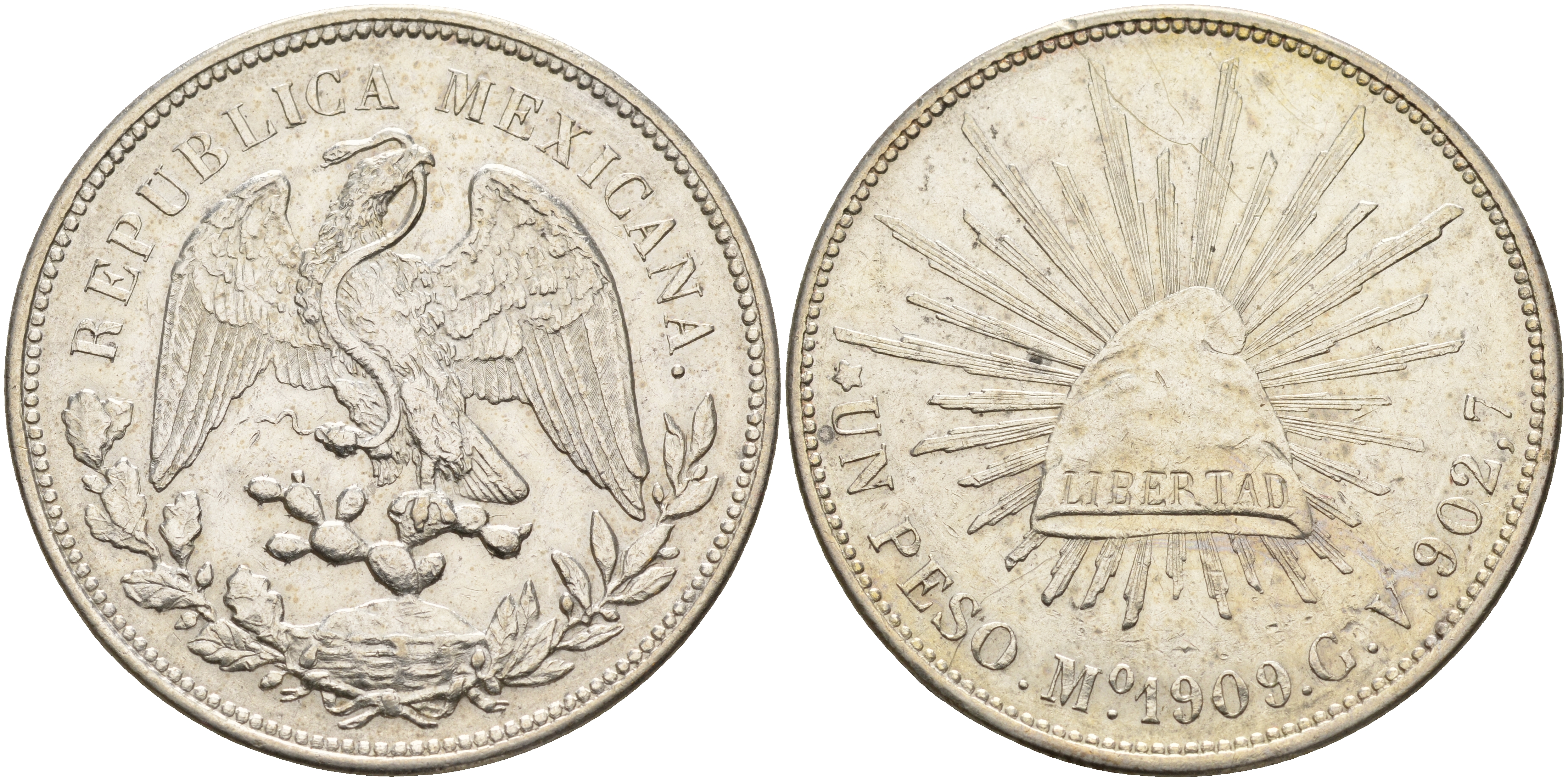 Мексика 1 песо 1909 Mo KM 409.2 серебро aUNC 06-236-41