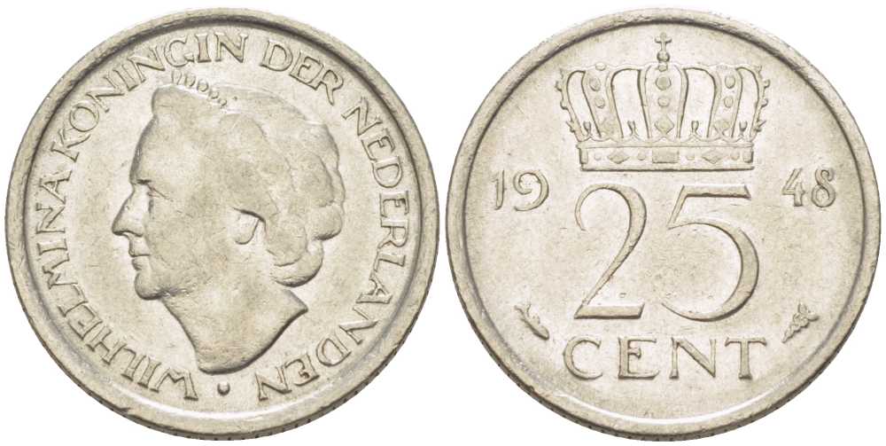 НИДЕРЛАНДЫ 25 ЦЕНТОВ 1948 ВИЛЬГЕЛЬМИНА (1890-1948) KM 177 никель 211-627