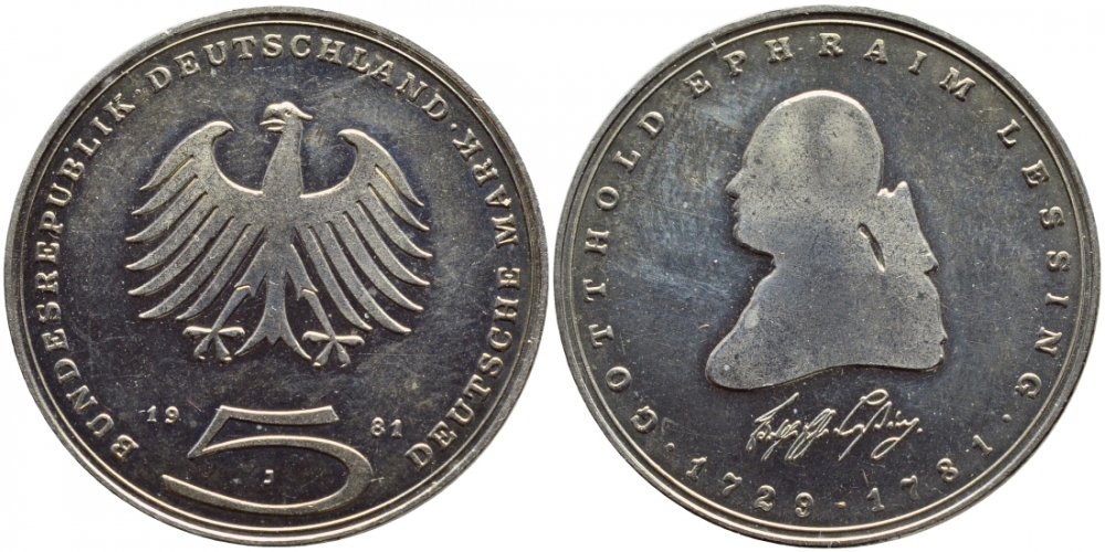 ФРГ 5 марок 1981 J, 200 лет со дня смерти Готхольда Эфраима Лессинга KM 154, J.429 медно-никель плакированный никелем UNC 1520-1342