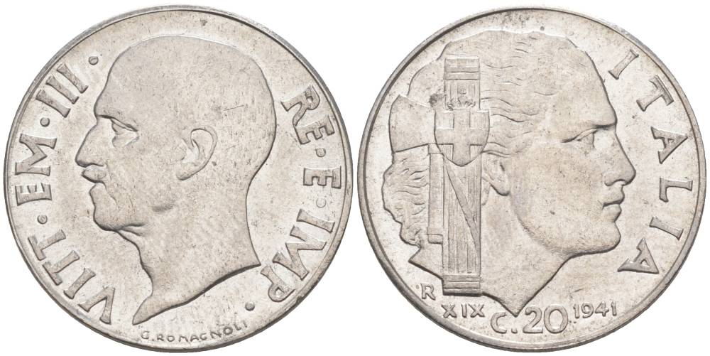 ИТАЛИЯ 20 ЧЕНТЕЗИМО 1941 R, ГОД XIX, ВИКТОР ЭММАНУИЛ III (1900-1946) KM 75b, VEM3. 1028 нержавеющая сталь 3853-1023