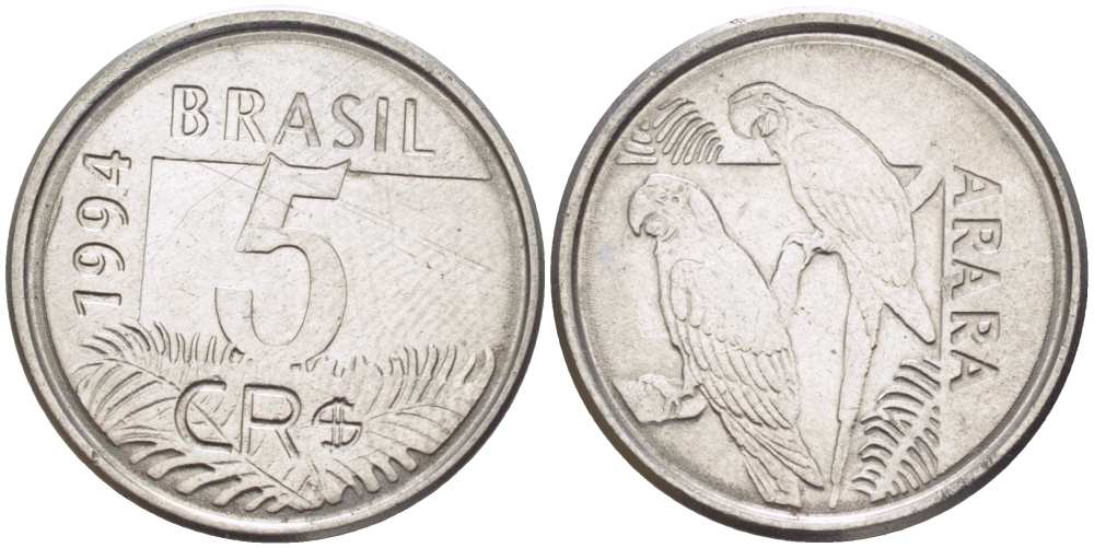 БРАЗИЛИЯ 5 КРУЗЕЙРО РЕАЛ 1994 РЕФОРМА 1993-1994, ПОПУГАИ АРА KM 627 нержавеющая сталь 4388-253