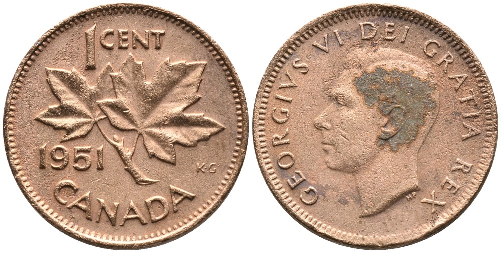 Канада 1 цент 1951 Георг VI (1937-1952), кленовый лист KM 41 бронза 4528-669