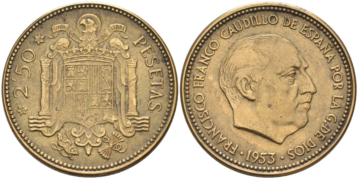 Испания 2,5 песеты 1953 (56) Франциско Франко (1939-1975) KM 785 алюминиевая бронза 4583-832