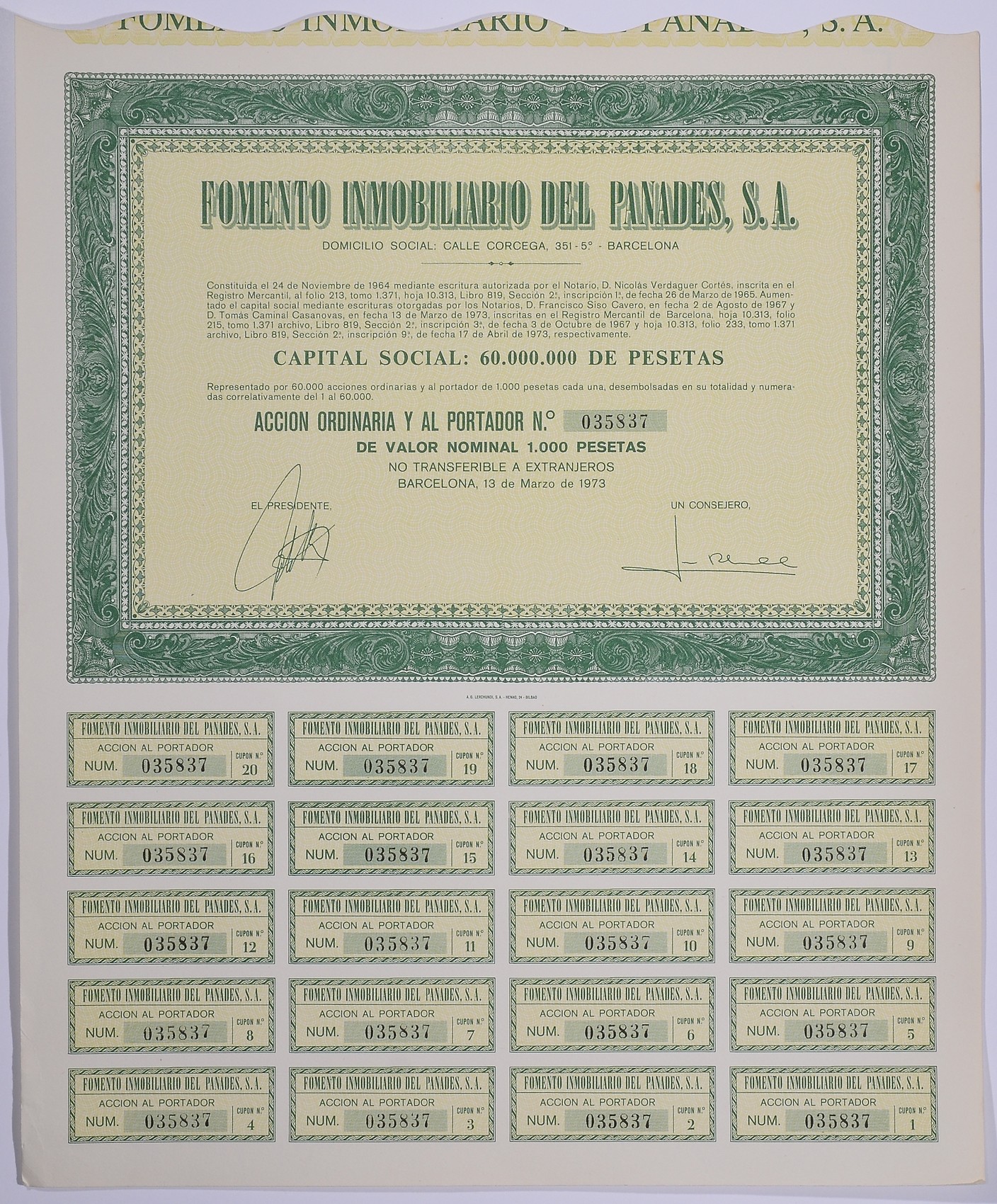 Испания акция на 1000 песет 1973 Fomento Inmobiliario del Panades, S.A., Барселона 1973, с купонами бумага 5548-29-1-2
