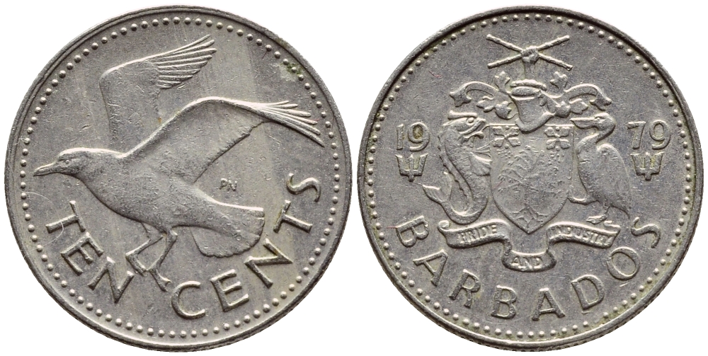 Барбадос 10 центов 1979 смеющаяся (Ацтекская) чайка KM 12 медно-никель 4396-1218