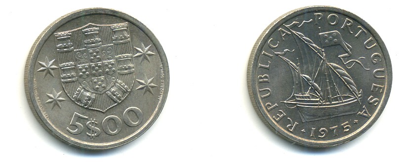 ПОРТУГАЛИЯ 5 ЭСКУДО 1975 ПАРУСНИК KM 591 медно-никель 176-233